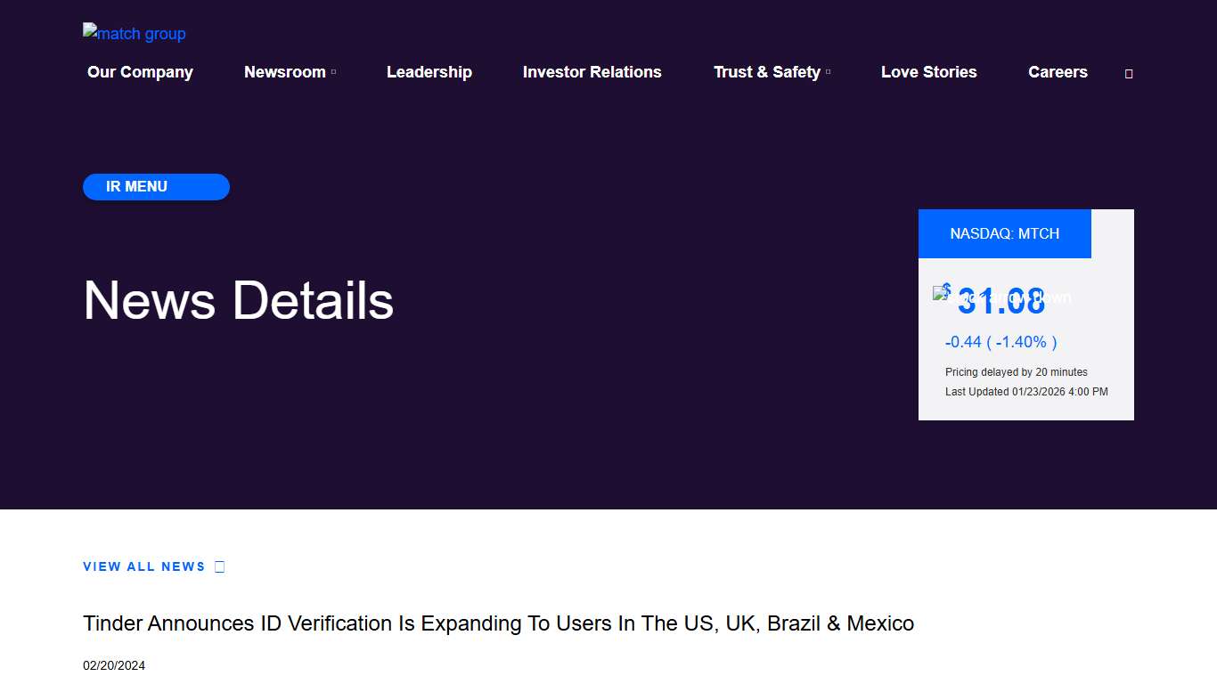 Match Group - Tinder Announces ID Verification Is Expanding To Users In The US, UK, Brazil & Mexico