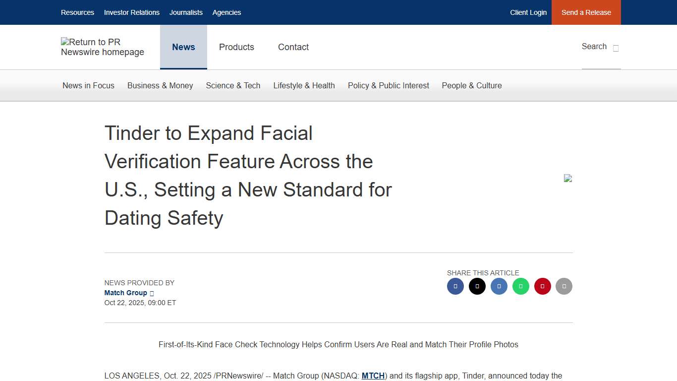Tinder to Expand Facial Verification Feature Across the U.S., Setting a New Standard for Dating Safety